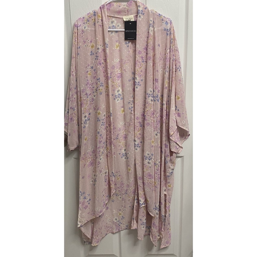 143 STORY Women Long Pastel Pink Blue Floral Kimono Chiffon Sheer Lightwght S-XL